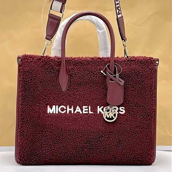 Michael Kors Medium SHEARLING MIRELLA ToteShoulder Bag Sherpa Oxblood NWT